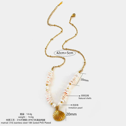 Women's Ocean-Style Stainless Steel Necklace with Shells & Pearls - Light Luxury Design, Starfish & Shell Collarbone Chain vintage
