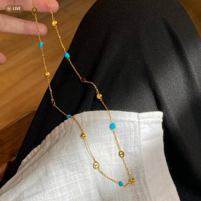 Sterling Silver S925Pig Nose Blue Turquoise Cat Eye Sweater Chain Niche Design Light Luxury High-end Layered Long Collarbone Chain