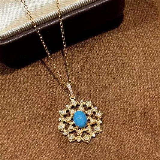 Sterling Silver S925 Niche Palace Style Hollow Snowflake Turquoise Necklace High-end Vintage Light Luxury Versatile Collarbone Chain