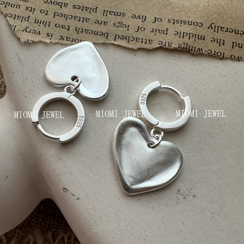 S925 Sterling Silver Korean Version Niche Design Matte Heart Earrings Vintage Simple Korean Style Basic Earrings