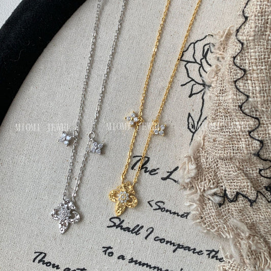 S925 Sterling Silver Iris Broken Ice Necklace for Women Vintage Mid-Century Style Light Luxury Niche Design Collarbone Chain