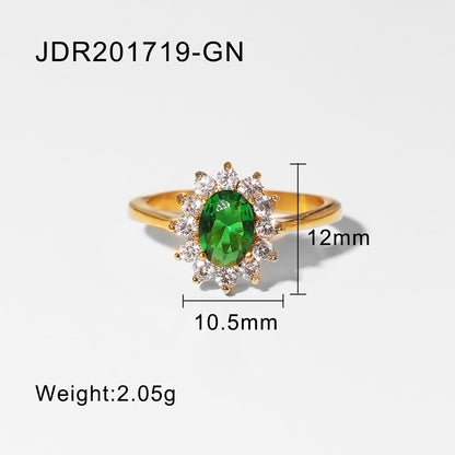 INS Style Internet Celebrity Jewelry 18K Gold Stainless Steel Inlaid Green Zircon Ring Women's Fashion Versatile Ring