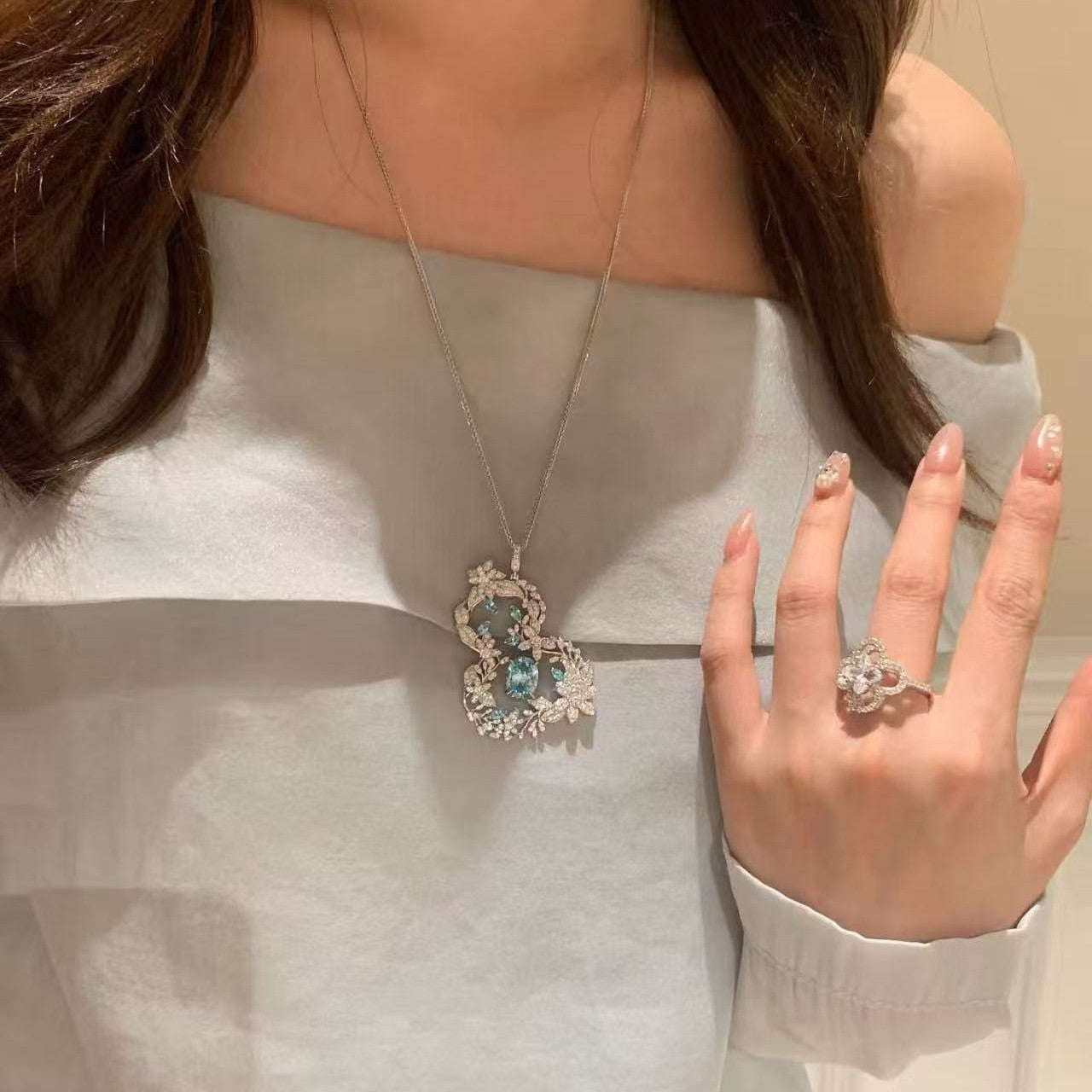 Pure Silver S925 High-End Luxury High Carbon Diamond Aquamarine Zircon Gourd Necklace Cool Vintage Temperament Collarbone Chain