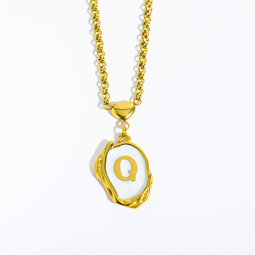 Titanium Steel 26 Letters Gold Medal Necklace Oil Drop Three-Dimensional Character Pendant Holiday Style Oyster Shell Clavicle Chain for Women
