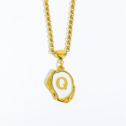 Titanium Steel 26 Letters Gold Medal Necklace Oil Drop Three-Dimensional Character Pendant Holiday Style Oyster Shell Clavicle Chain for Women