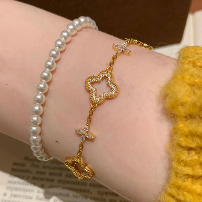 S925 Sterling Silver Hollow Four-Leaf Clover Cross Zircon Bracelet Starry Sky Flower Inlaid Diamond Niche Fashion Versatile