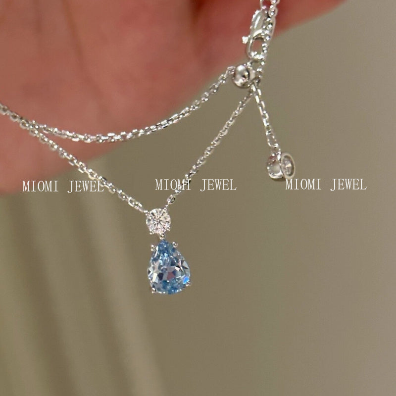 S925 Sterling Silver Aquamarine Water Drop Oval Ring Earrings Necklace Versatile High-End Niche Jewelry Set