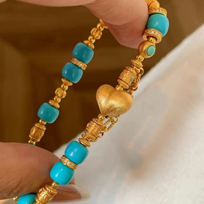 Pure Silver S925 Brushed Craft Peach Blue Turquoise Coiled Bracelet Vintage Luxurious Elegant High-end Jewelry