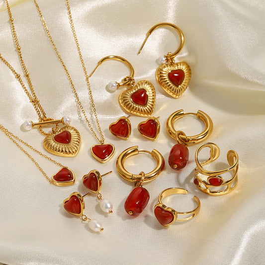 18k Gold Stainless Steel Red Agate Heart Necklace High-end Pendant Earrings Niche Ins Style Ring