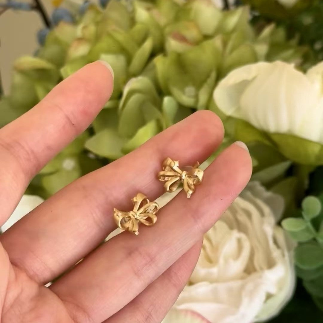 Italian Vintage Craftsmanship Light Luxury High-End Feel 925 Sterling Silver Bowknot Brushed Earrings Niche High-End Temperament