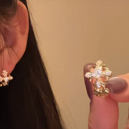 Pure Silver S925 Cross High Carbon Diamond Earrings Ear Clips Fashionable Ins Style Irregular Micro Pave Zircon Simple Versatile