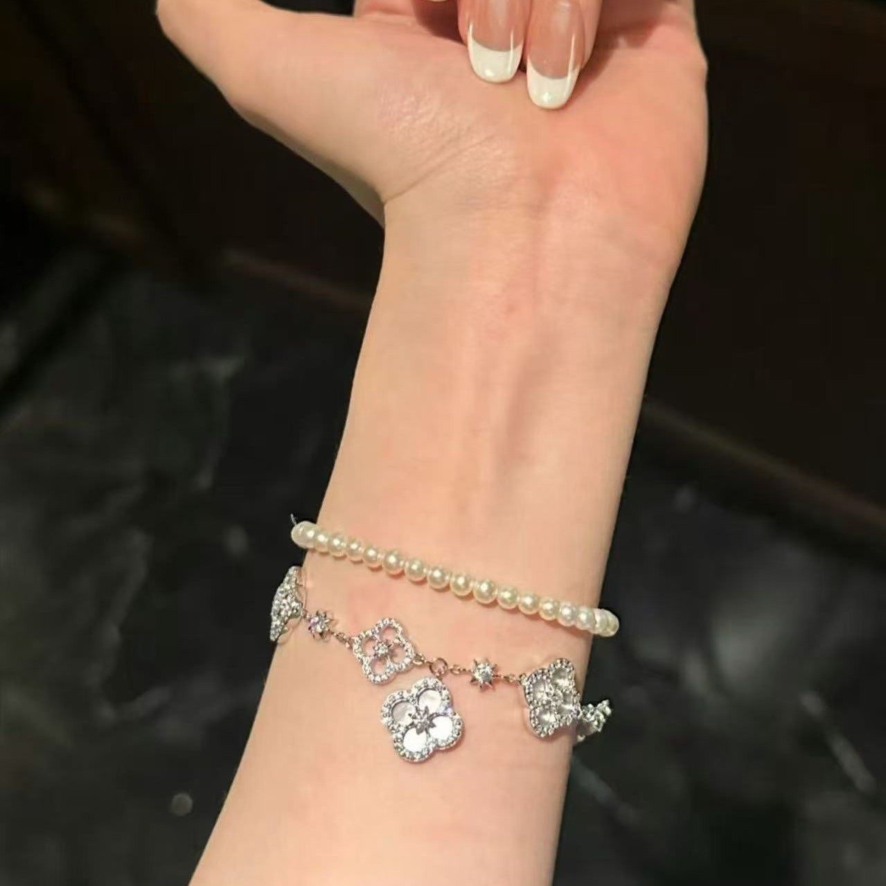 Pure Silver S925 Light Luxury Style Natural Pink Shell White Shell Four-Leaf Clover Bracelet High-End Jewelry Fashion Versatile Personality