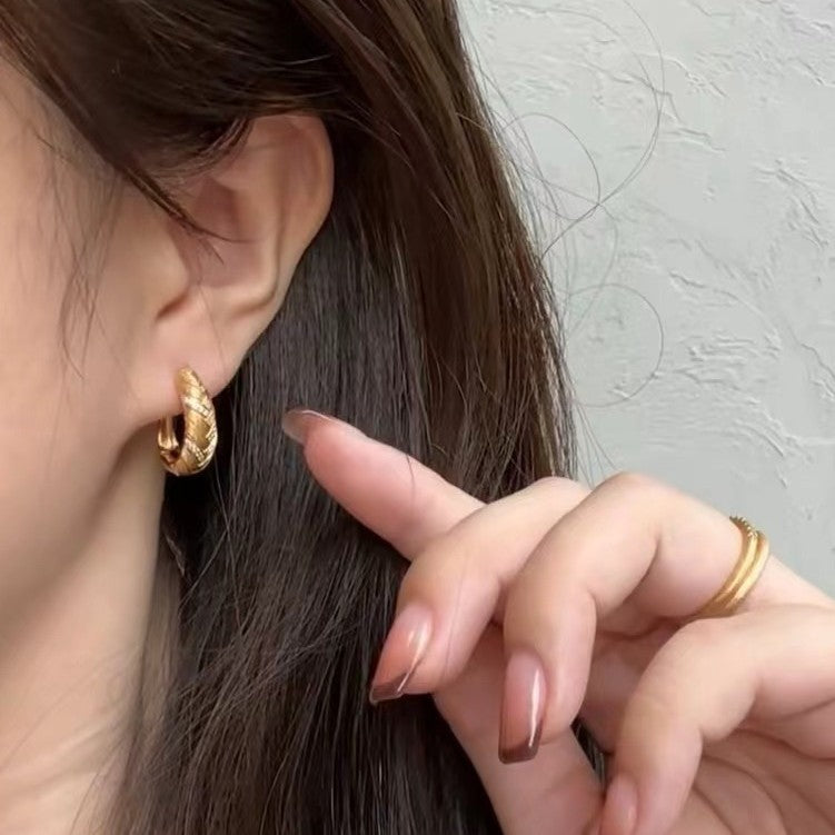 Italian Craft Vintage Brushed Craft Pure Silver S925 Wheat Ear Earrings Studs Exquisite Design Sense