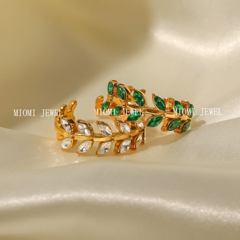 INS Internet Celebrity New Titanium Steel Ring 18K Gold Stainless Steel Leaf-Shaped Inlaid White/Green Zircon Ring
