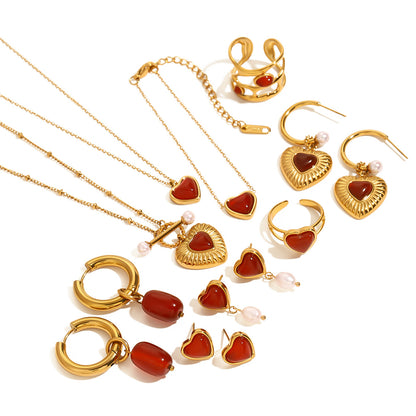 18k Gold Stainless Steel Red Agate Heart Necklace High-end Pendant Earrings Niche Ins Style Ring
