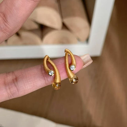 S925 Sterling Silver Vintage Style Brushed Natural Yellow Crystal Water Drop Earrings Exquisite Light Luxury Fashion High-end Feel