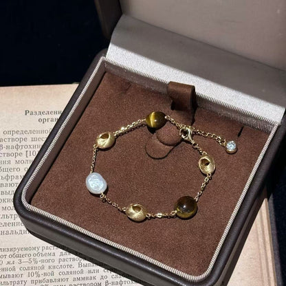 Pure Silver S925 Brushed Craft Small Gold Bean Tiger Eye Baroque Bracelet Vintage Light Luxury Elegant Atmosphere Autumn Winter Jewelry