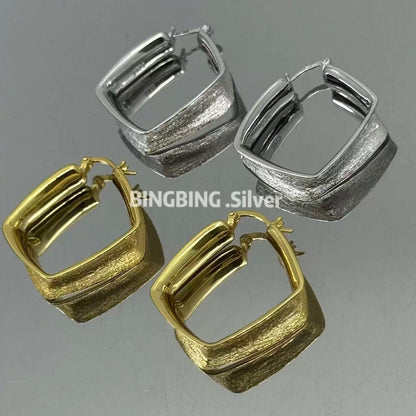 S925 Sterling Silver Brushed Square Earrings Niche Simple Exquisite High-end Elegant European and American Fashion Earrings Studs