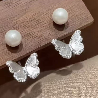 Sterling Silver S925 Brushed Craft Natural Shell Pearl Butterfly Dual-use Earrings Light Luxury Exquisite Versatile Elegant New Earrings