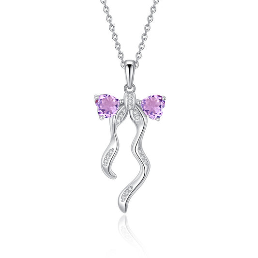 S925 Sterling Silver Ribbon Bow Necklace for Women Korean Style Natural Crystal Stone Niche Topaz Pendant for Women