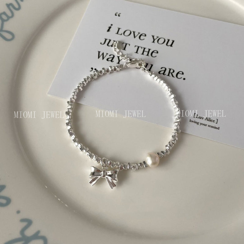 S925 Sterling Silver Natural Freshwater Pearl Bowknot Fragmented Silver Bracelet for Women Sweet Temperament Korean Style Bangle