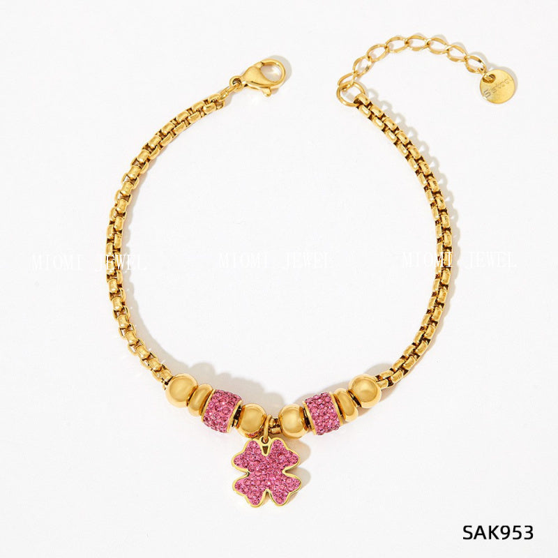 New Lucky Clover Bracelet for Women Stainless Steel Inlaid Diamond Four-Leaf Clover Bracelet Sweet Fairy Style Color-Retaining Jewelry