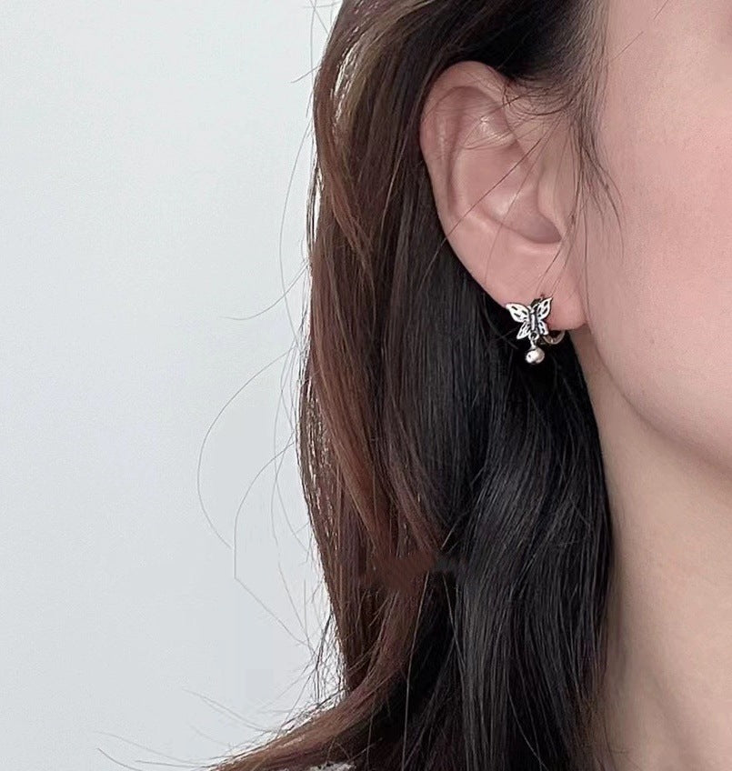 Pure Silver S925 Hollow Butterfly Dangle Ball Earrings Fashion Simple Korean Style Ear Clips Shiny Ear Jewelry