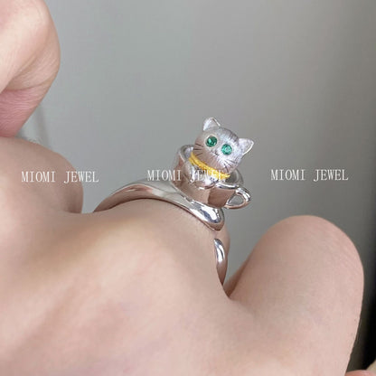 S925 Sterling Silver 3D Small Teacup Cat Ring for Women, Open Silver Ring whimsical
