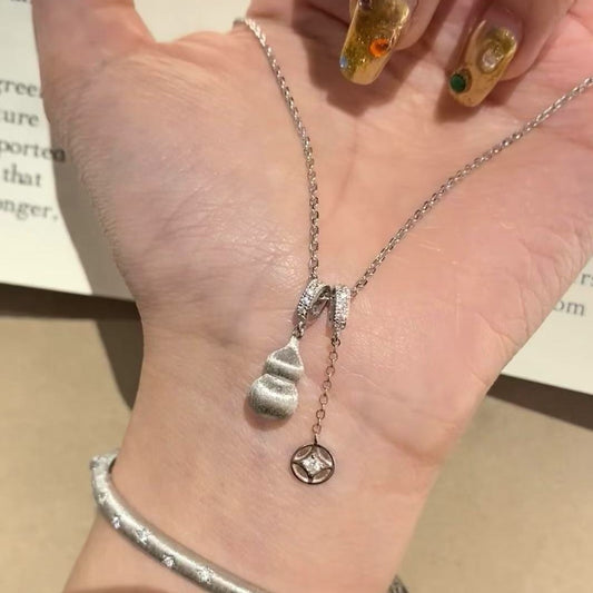 Pure Silver S925 Brushed Craft Gourd Fortune Gold Coin Necklace Exquisite Light Luxury High-end Niche Collarbone Chain