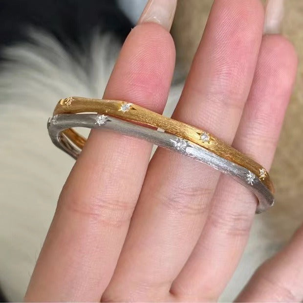 Pure Silver S925 Vintage Brushed Craft Ribbon Starlight Brushed Bracelet Thin Women's Simple Circle Inlaid Diamond Bangle