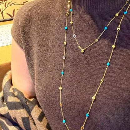 Sterling Silver S925Pig Nose Blue Turquoise Cat Eye Sweater Chain Niche Design Light Luxury High-end Layered Long Collarbone Chain