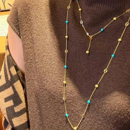 Sterling Silver S925Pig Nose Blue Turquoise Cat Eye Sweater Chain Niche Design Light Luxury High-end Layered Long Collarbone Chain
