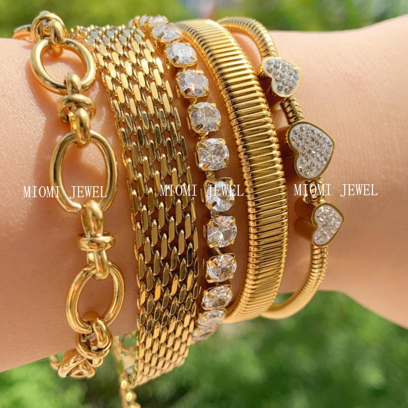 Stackable Bracelet Set Combination Stainless Steel Exquisite Diamond-Encrusted Wide Strap Mesh Chain Heart Bracelet Versatile Set