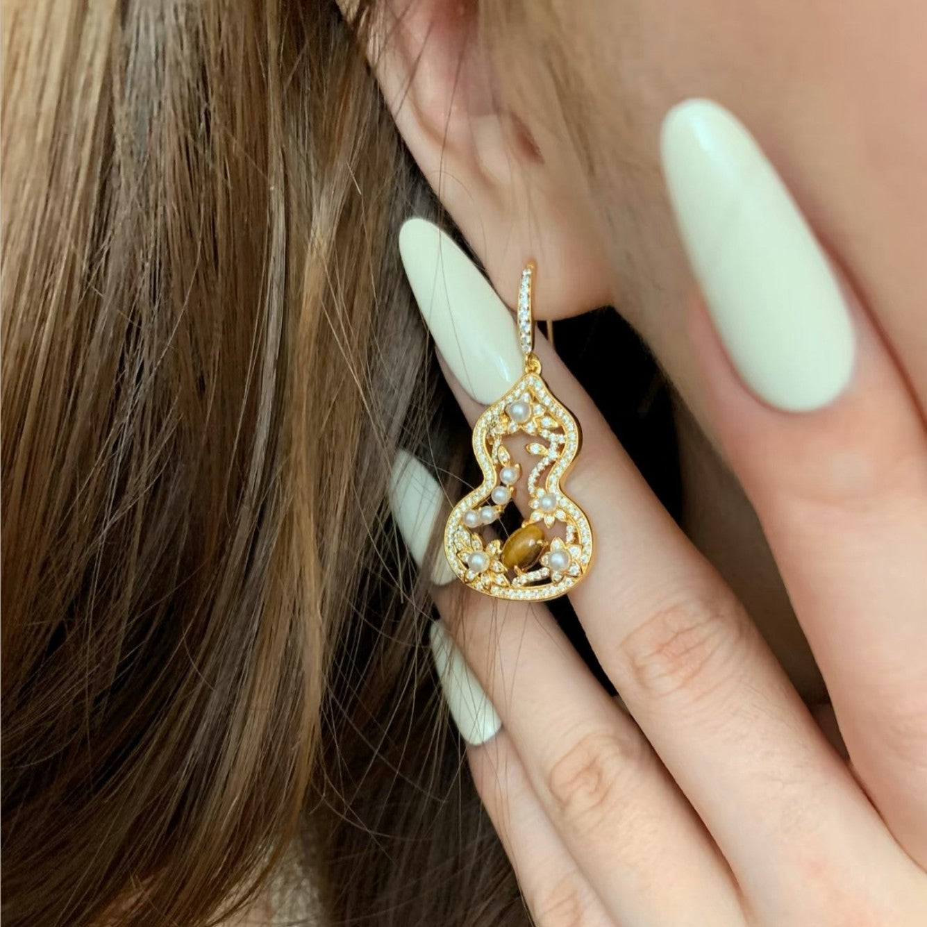 Sterling Silver S925 Autumn Winter Essential Natural Tiger Eye Pearl Gourd Necklace Earrings Set Light Luxury High-end Niche Versatile