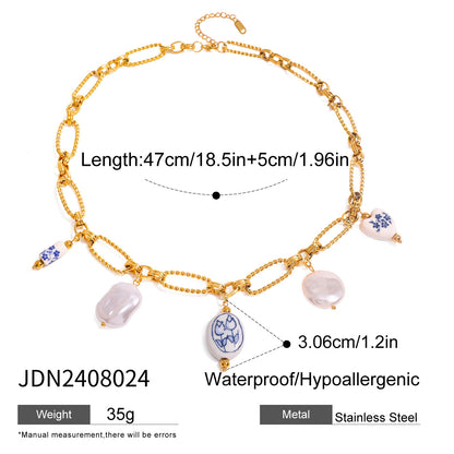 Stainless Steel Pearl Heart Ceramic Pendant Necklace Niche Design Clavicle Chain Jewelry