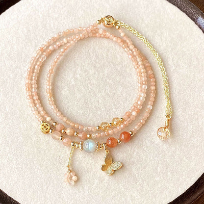 Natural Crystal Orange Sunstone, Gray Moonstone, Golden Strawberry Quartz Faceted Triple-Layer Multi-Strand Bracelet butterfly fairy