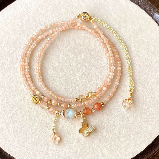 Natural Crystal Orange Sunstone, Gray Moonstone, Golden Strawberry Quartz Faceted Triple-Layer Multi-Strand Bracelet butterfly fairy