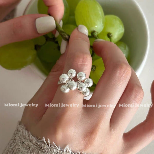 S925 pure silver multi-grape cluster small round bead ring, women's silver bead open finger ring, Korean style, shakeable index finger ring