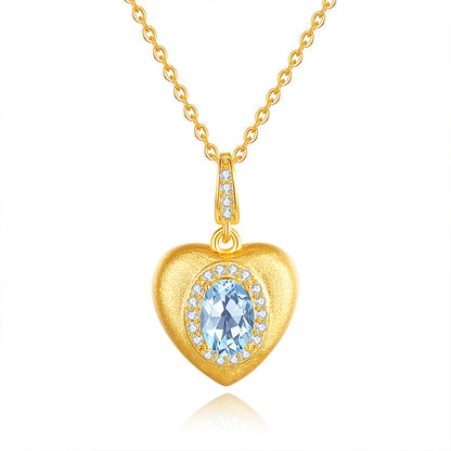 Sterling Silver S925 Brushed Heart Necklace Inlaid with Natural Crystal Stone Niche Autumn Winter Style Garnet Peridot Pendant