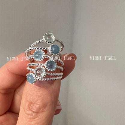 S925 Sterling Silver Natural Aquamarine Ring for Women Braided Round Ring