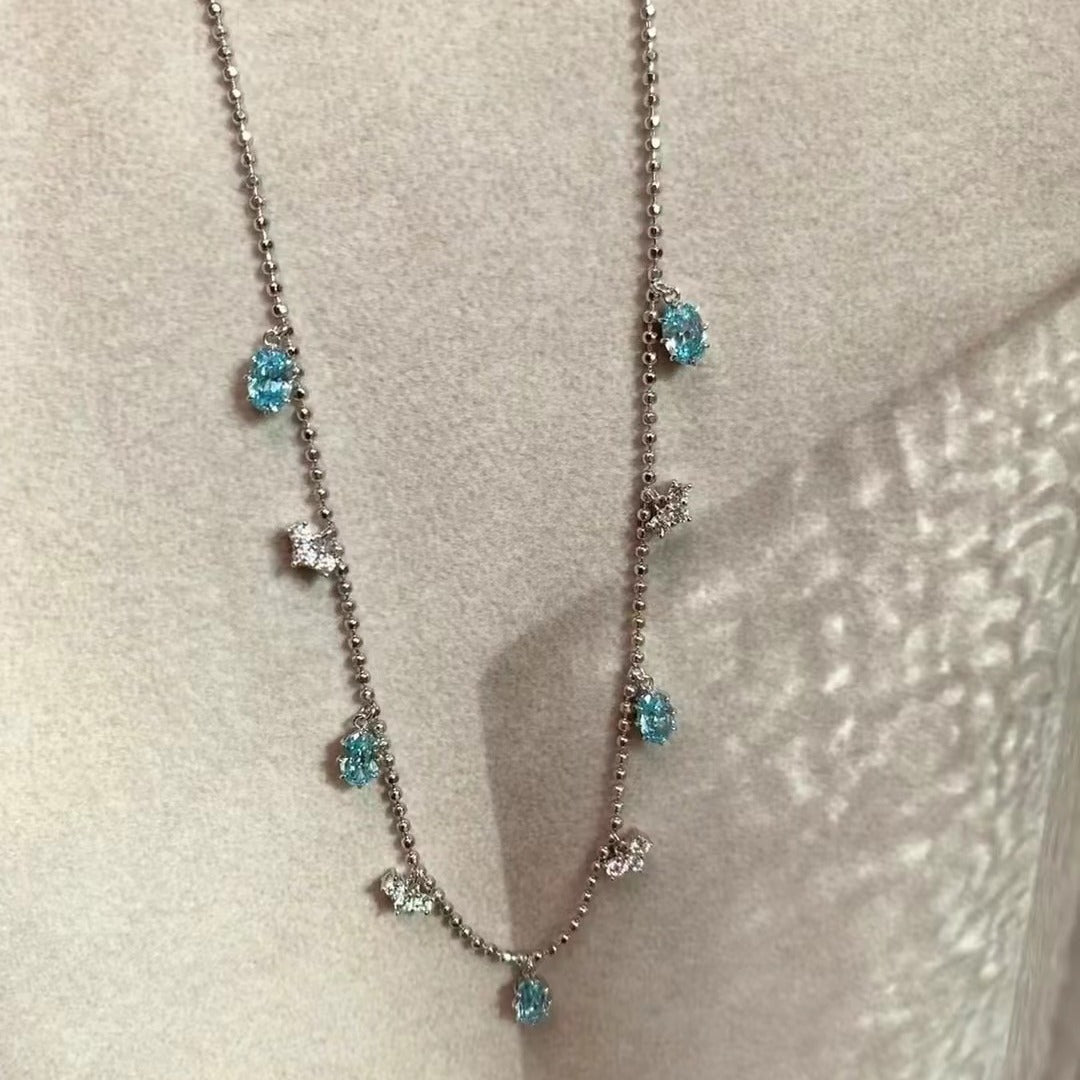Pure Silver S925 Light Luxury Paraiba Zircon Geometric Water Drop Necklace Simple Trendy Collarbone Chain Fashionable High-end Feel