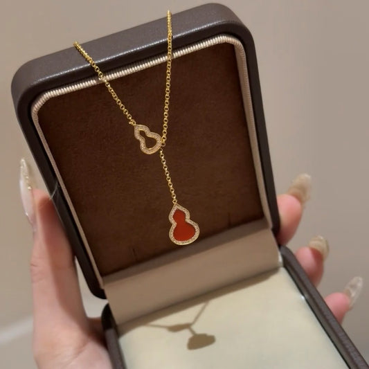 S925 Sterling Silver Red Agate Gourd White Shell Gourd Necklace Light Luxury Niche Fashion Design Sense Collarbone Chain