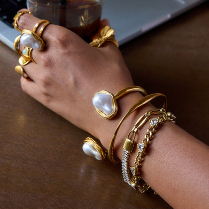 Imitation Baroque Pearl Ring Titanium Steel Non-Fading Open Bracelet High-End Stainless Steel Jewelry for Women