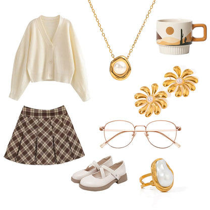 Stainless Steel Pearl Necklace High-End Niche Ring Exaggerated Earrings Titanium Steel Set Accessories