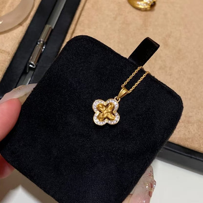 Italian Vintage Brushed Light Luxury Pure Silver S925 Brushed Inlaid Diamond Four-Leaf Clover Necklace Niche Design High-End Feel