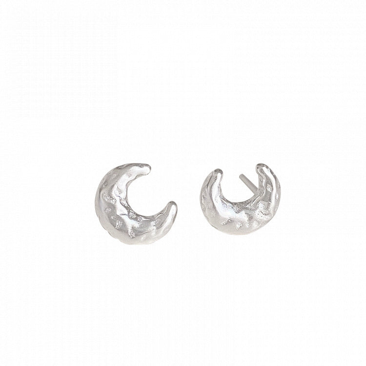 S925 Sterling Silver Textured Moon Earrings Studs for Women, Niche Design with High-end Feel, Korean Minimalist Style Earrings