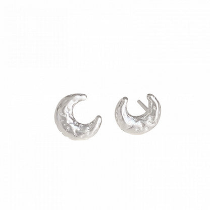 S925 Sterling Silver Textured Moon Earrings Studs for Women, Niche Design with High-end Feel, Korean Minimalist Style Earrings