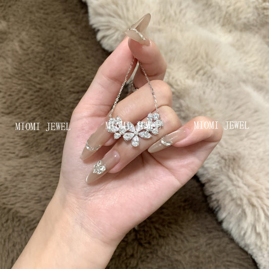 S925 Sterling Silver Full Diamond Floral Necklace Rich Elegant Noble Sense Lady Niche Design Flower Collarbone Chain