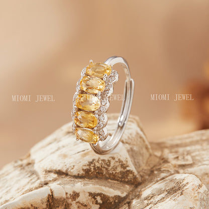 S925 Sterling Silver Natural Yellow Crystal Ring for Women, High-End Sense, Row of Diamonds, Colorful Gemstone Jewelry, Index Finger Ring, Live Streaming Hot Item