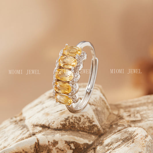 S925 Sterling Silver Natural Yellow Crystal Ring for Women, High-End Sense, Row of Diamonds, Colorful Gemstone Jewelry, Index Finger Ring, Live Streaming Hot Item